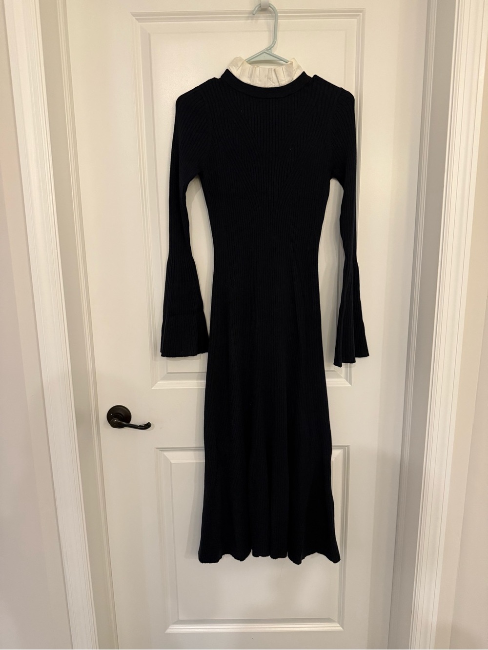 Sandro Navy Ribbed Midi Dress with Cream Ruffle Collar